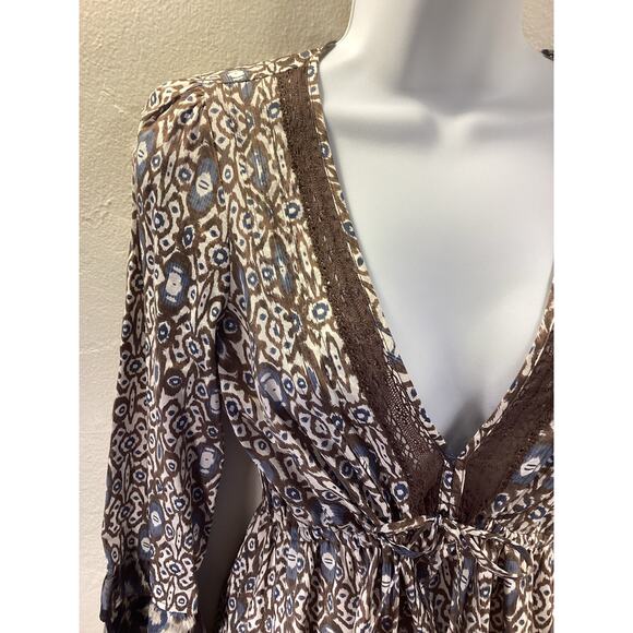 Sanctuary 100% Cotton Boho Tribal Print Flare Long Sleeve Short Empire Dress S - Picture 9 of 10